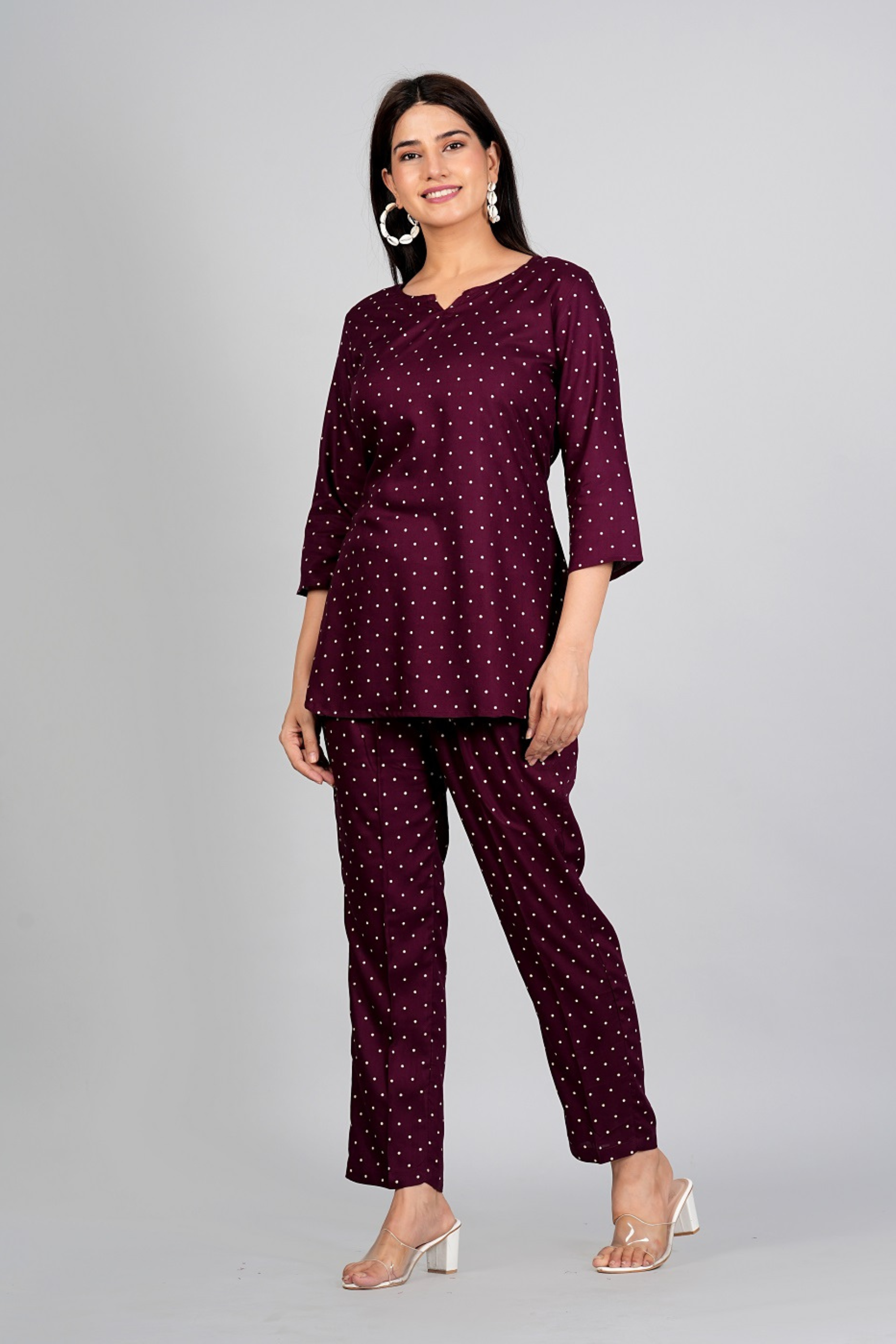 Dotted Maroon Night Suit - Fasshion Hub india