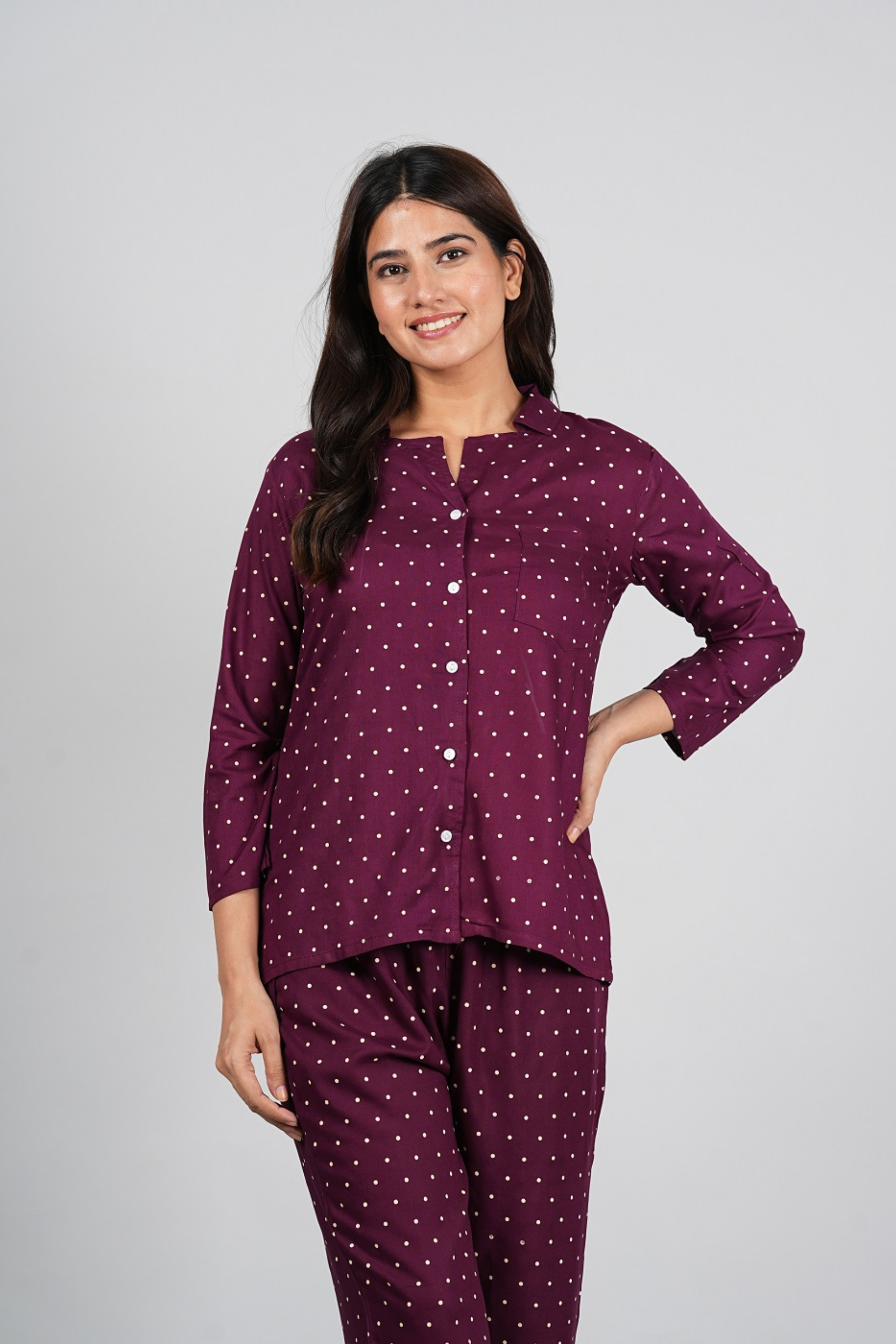 Dotted Maroon Night Suit - Fasshion Hub india