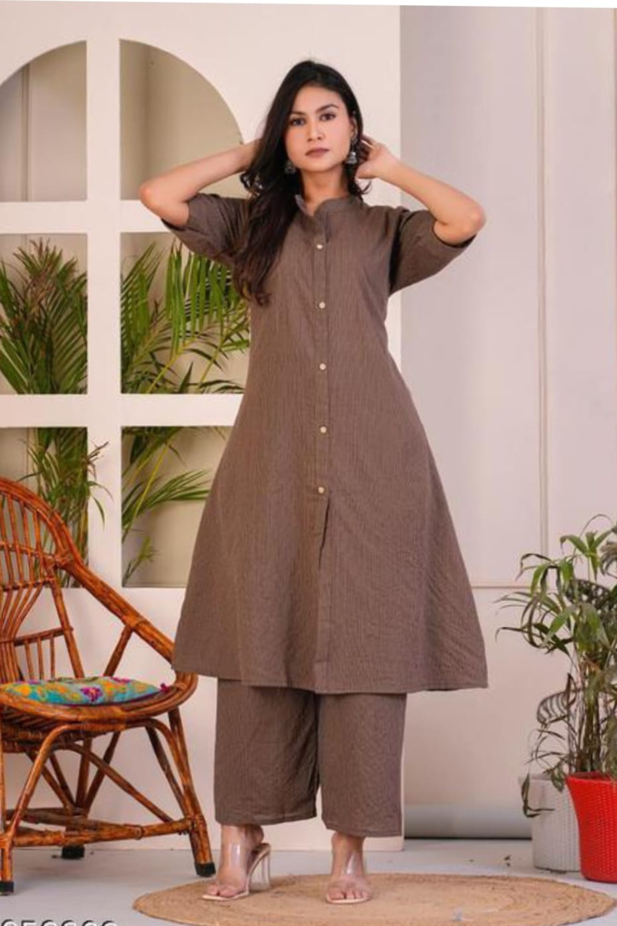 Brown Cotton Katha Kurta With Palazzo - Fasshion Hub india