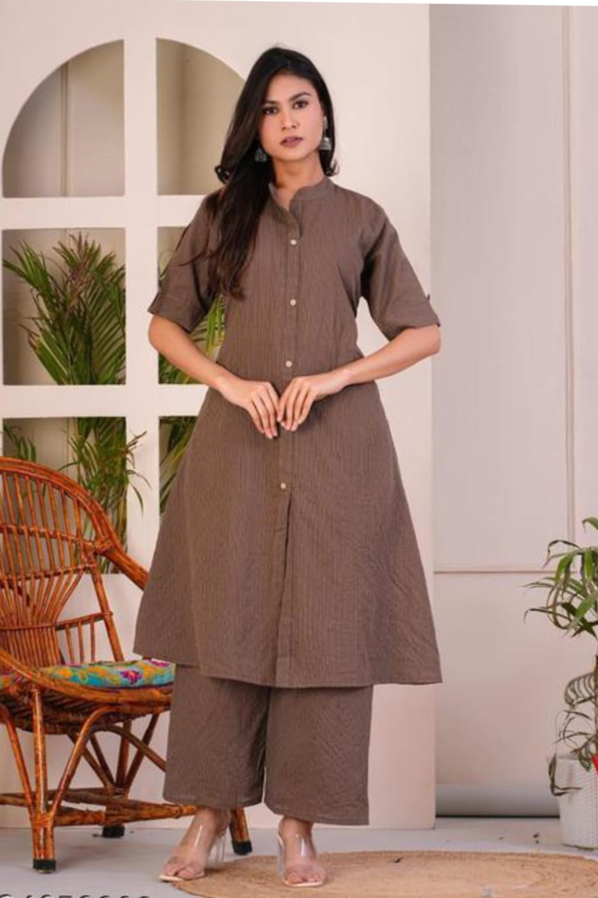 Brown Cotton Katha Kurta With Palazzo - Fasshion Hub india