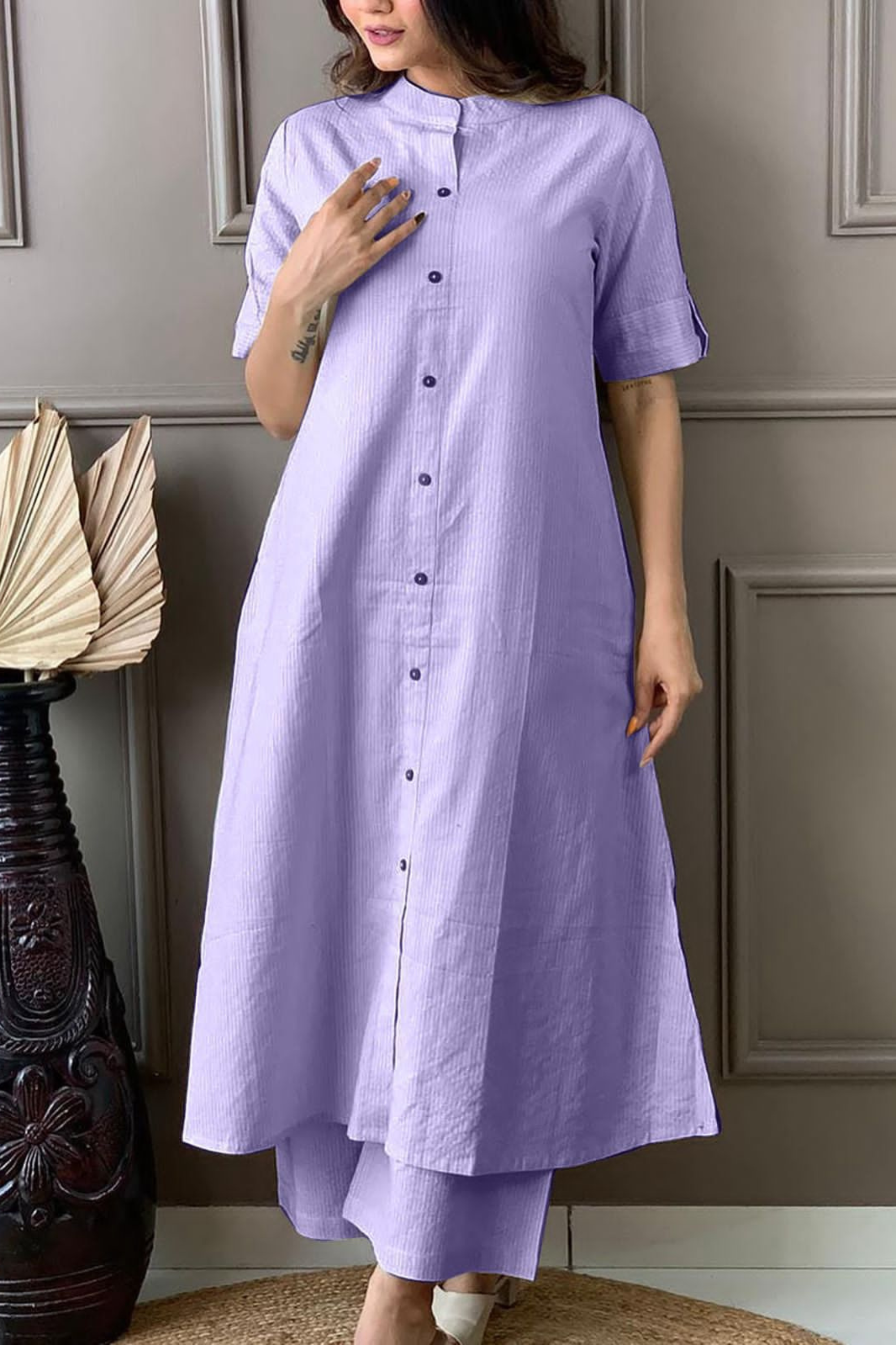 Lavender Cotton Katha Kurta With Palazzo - Fasshion Hub india