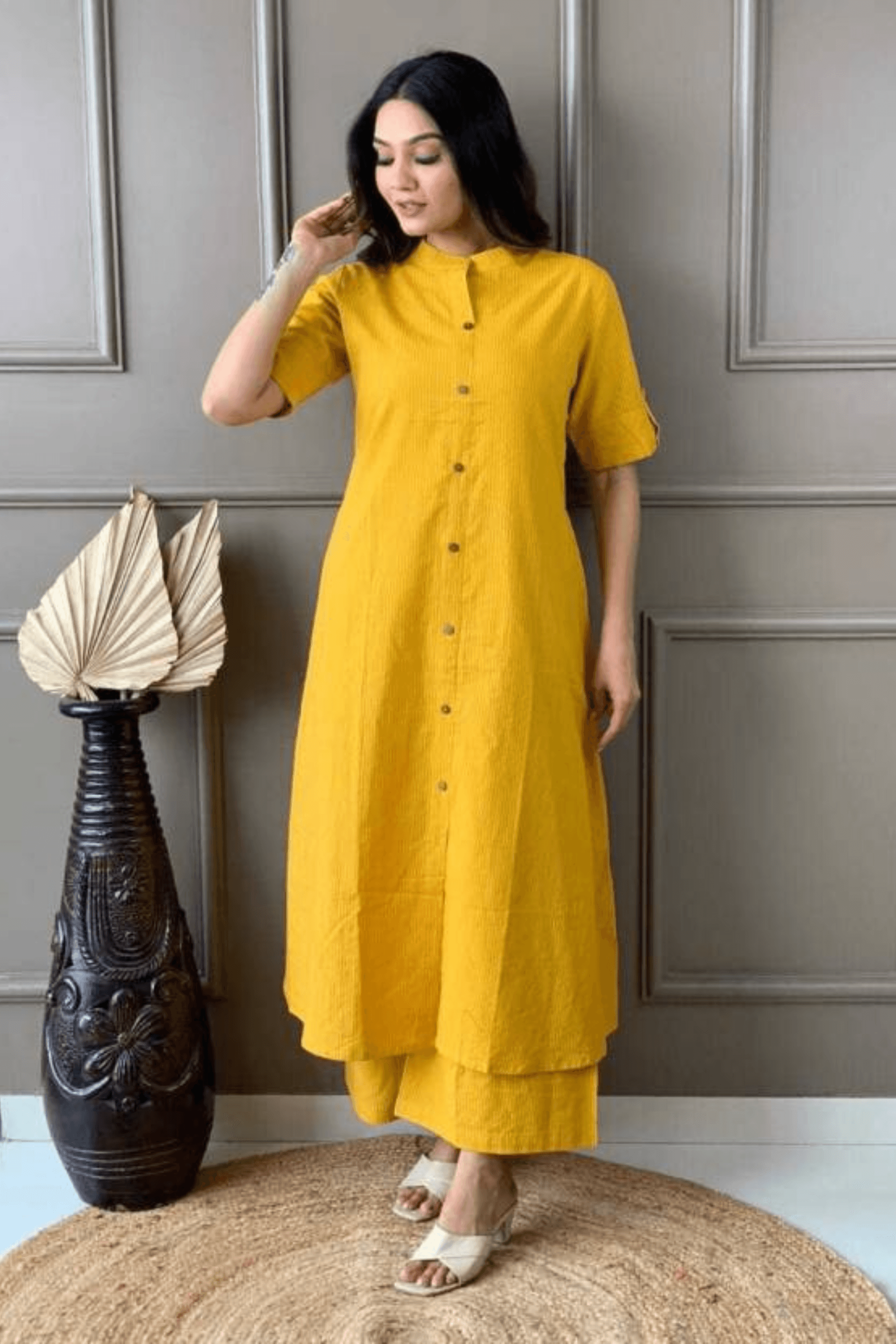 Yellow Cotton Katha Kurta And Palazzo - Fasshion Hub india