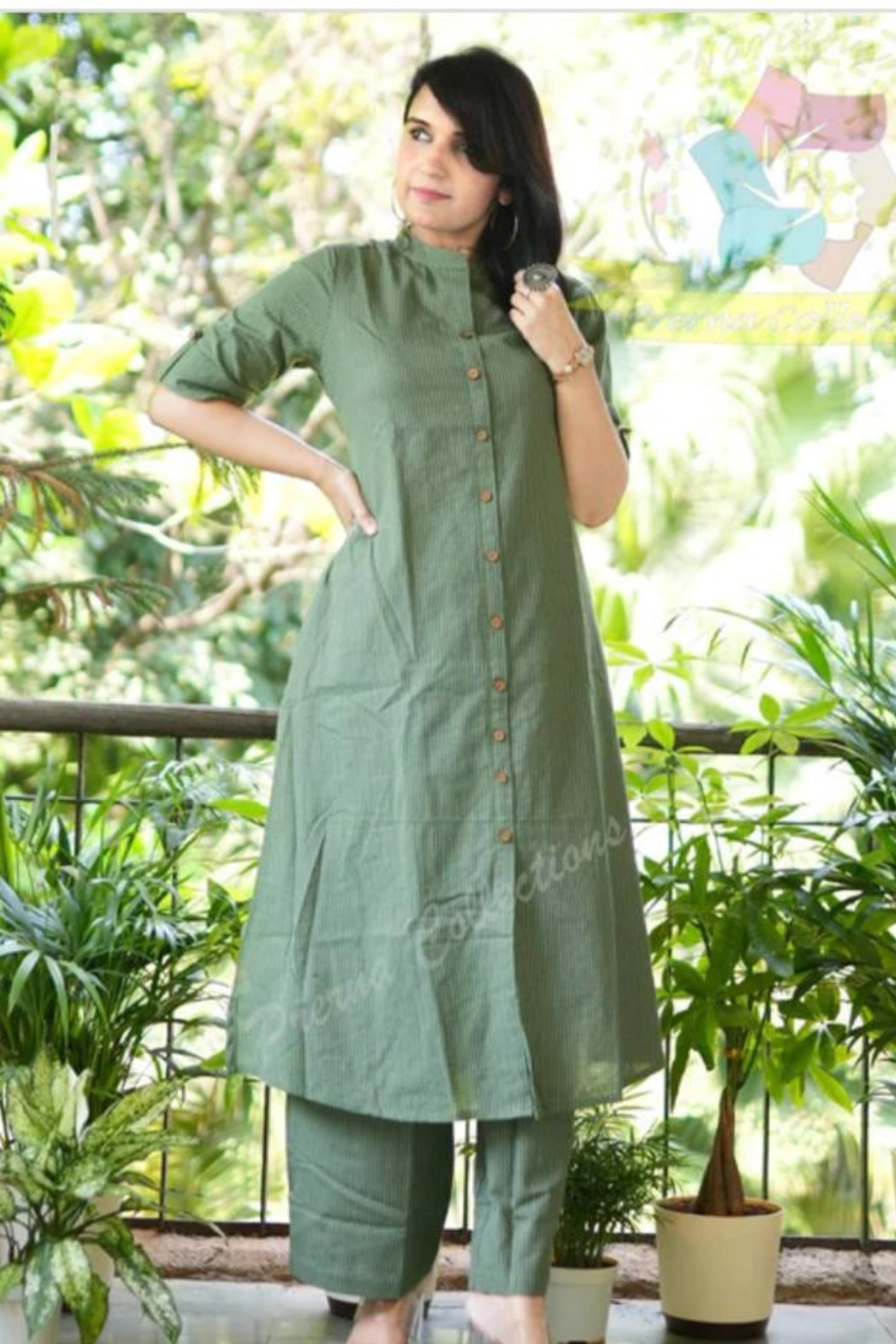 Green Cotton Katha Kurta With Palazzo - Fasshion Hub india