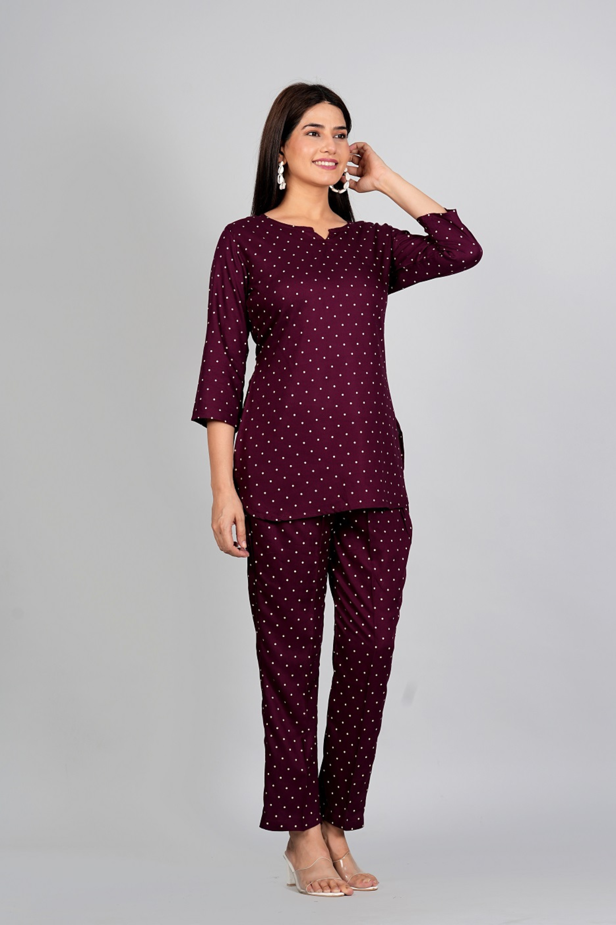 Dotted Maroon Night Suit - Fasshion Hub india