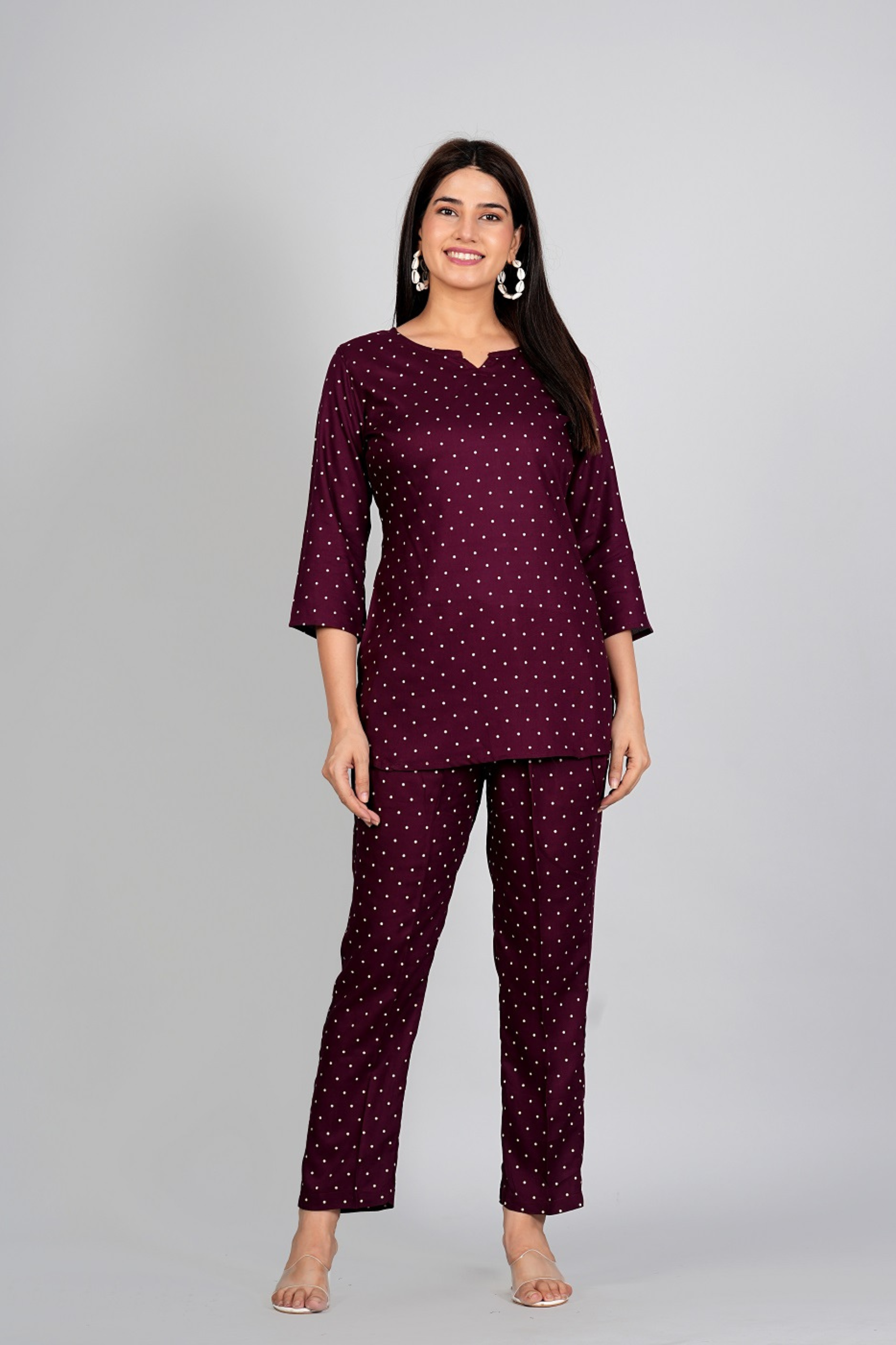 Dotted Maroon Night Suit - Fasshion Hub india