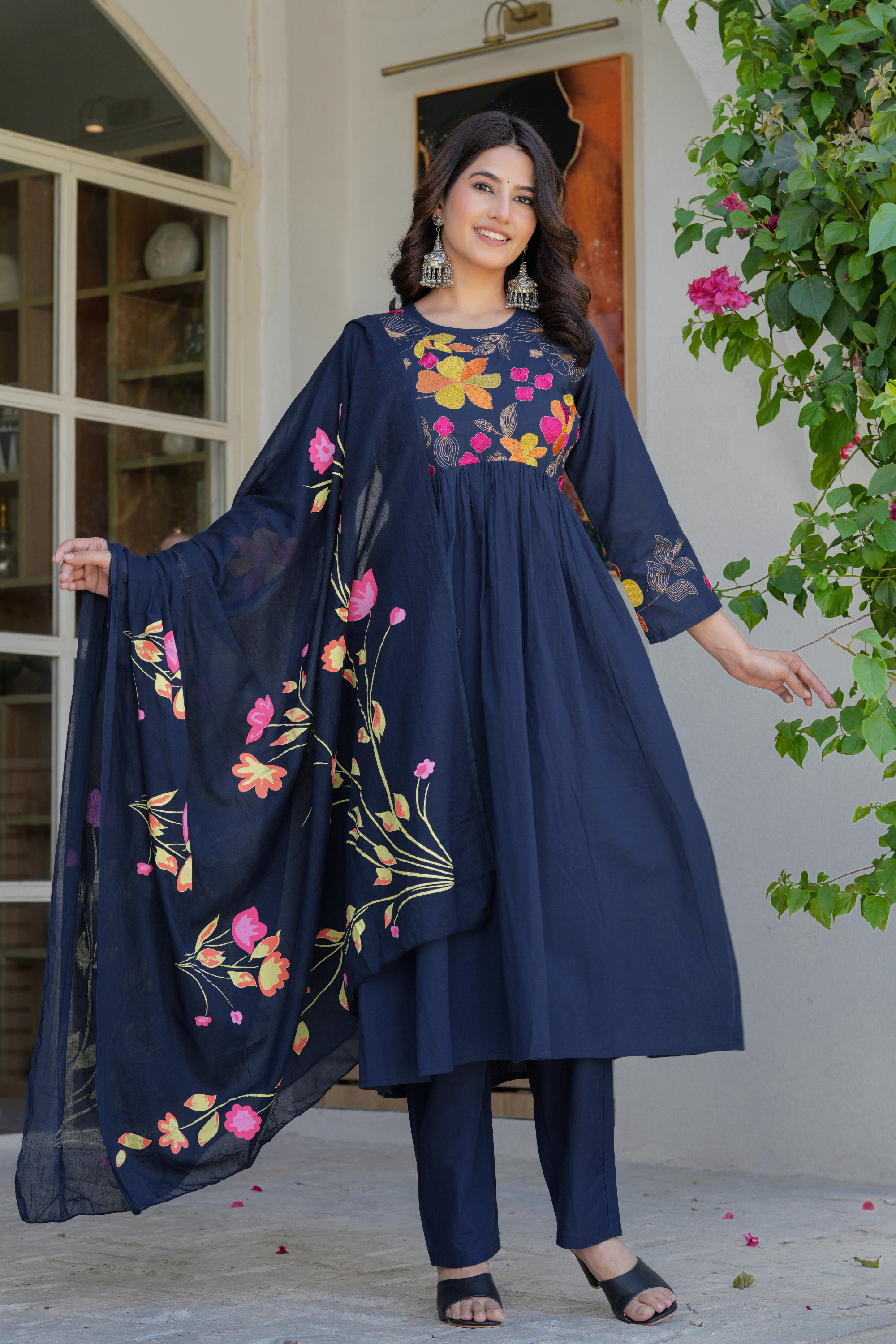 Elegant Flower Embroidery Suit With Heavy Dupatta - Fasshion Hub india
