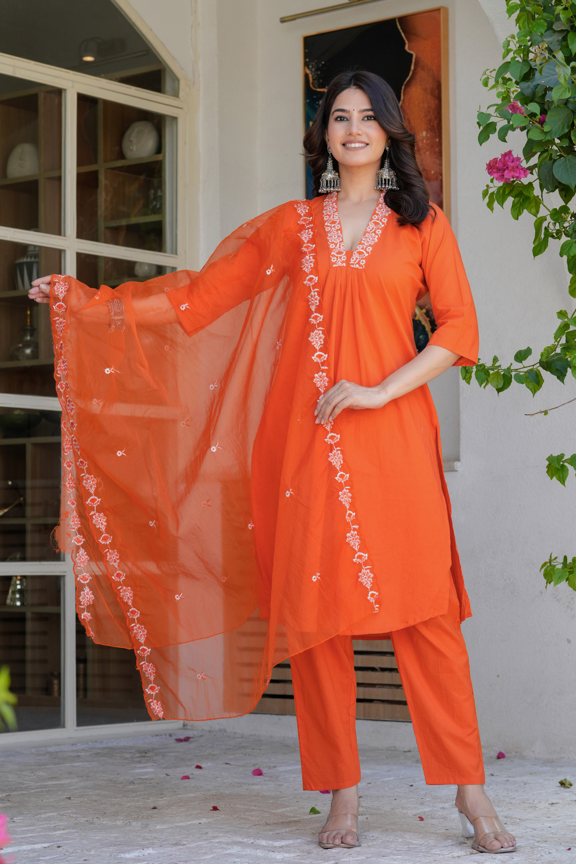 Orange Neck Embroidered Kurta Set - Fasshion Hub india