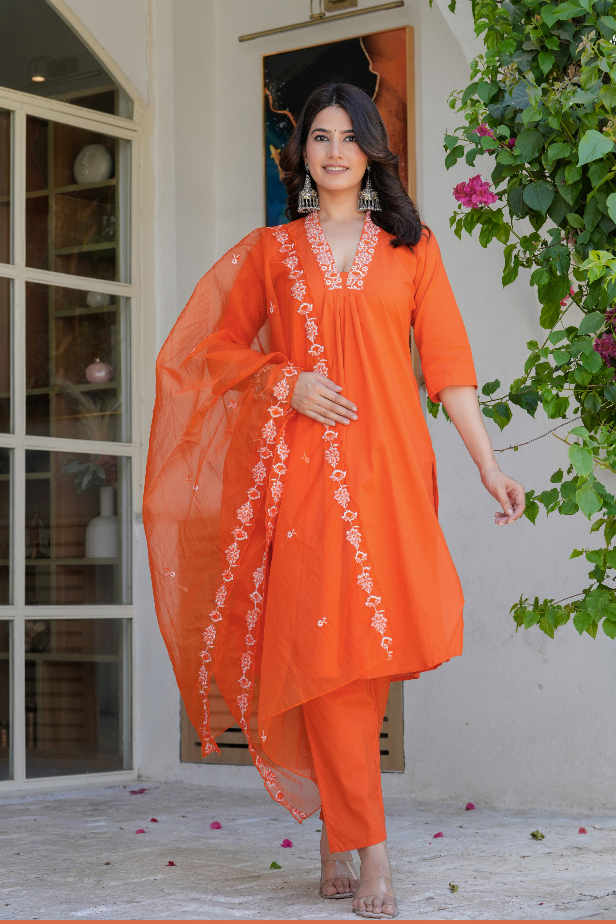 Orange Neck Embroidered Kurta Set - Fasshion Hub india