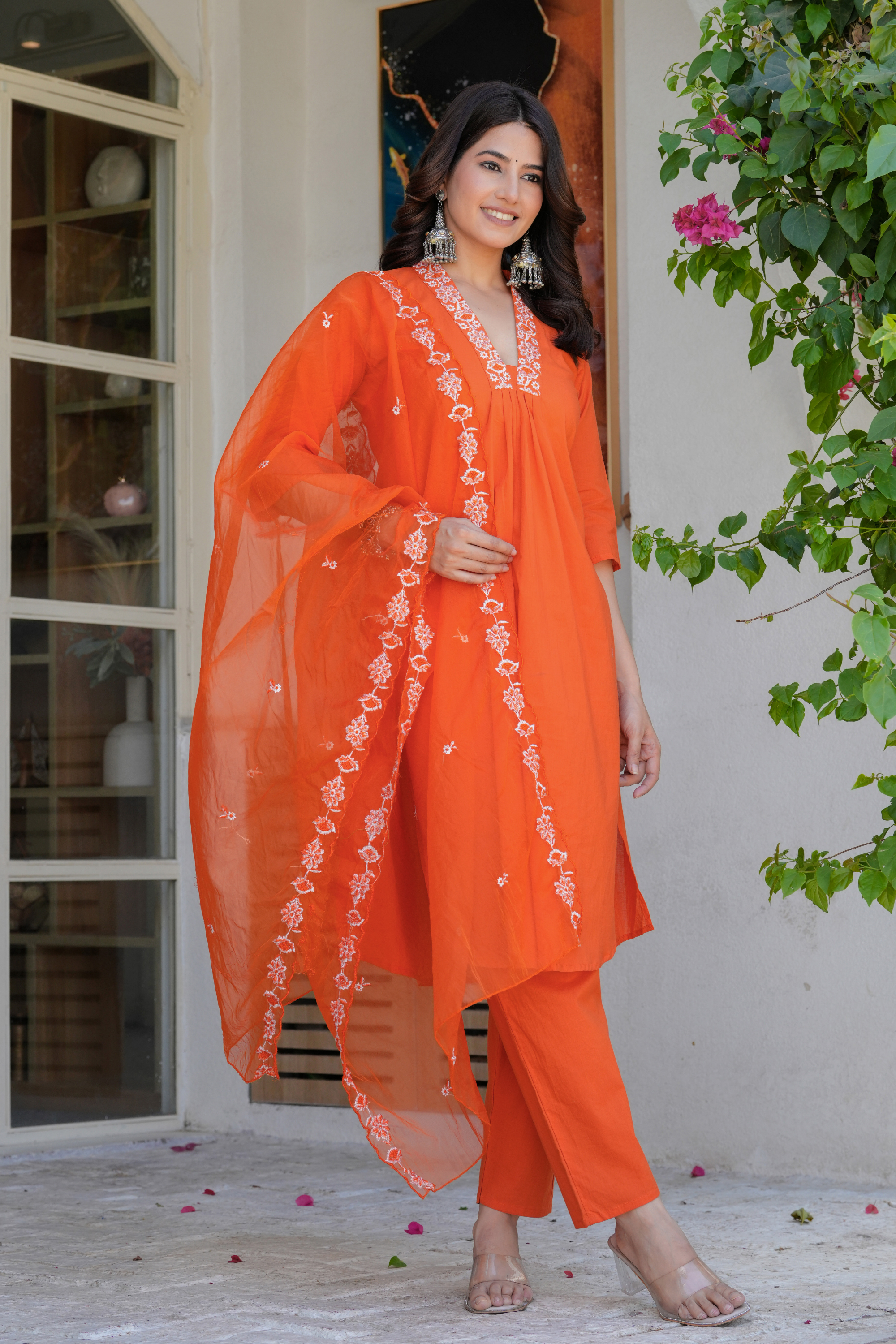 Orange Neck Embroidered Kurta Set - Fasshion Hub india