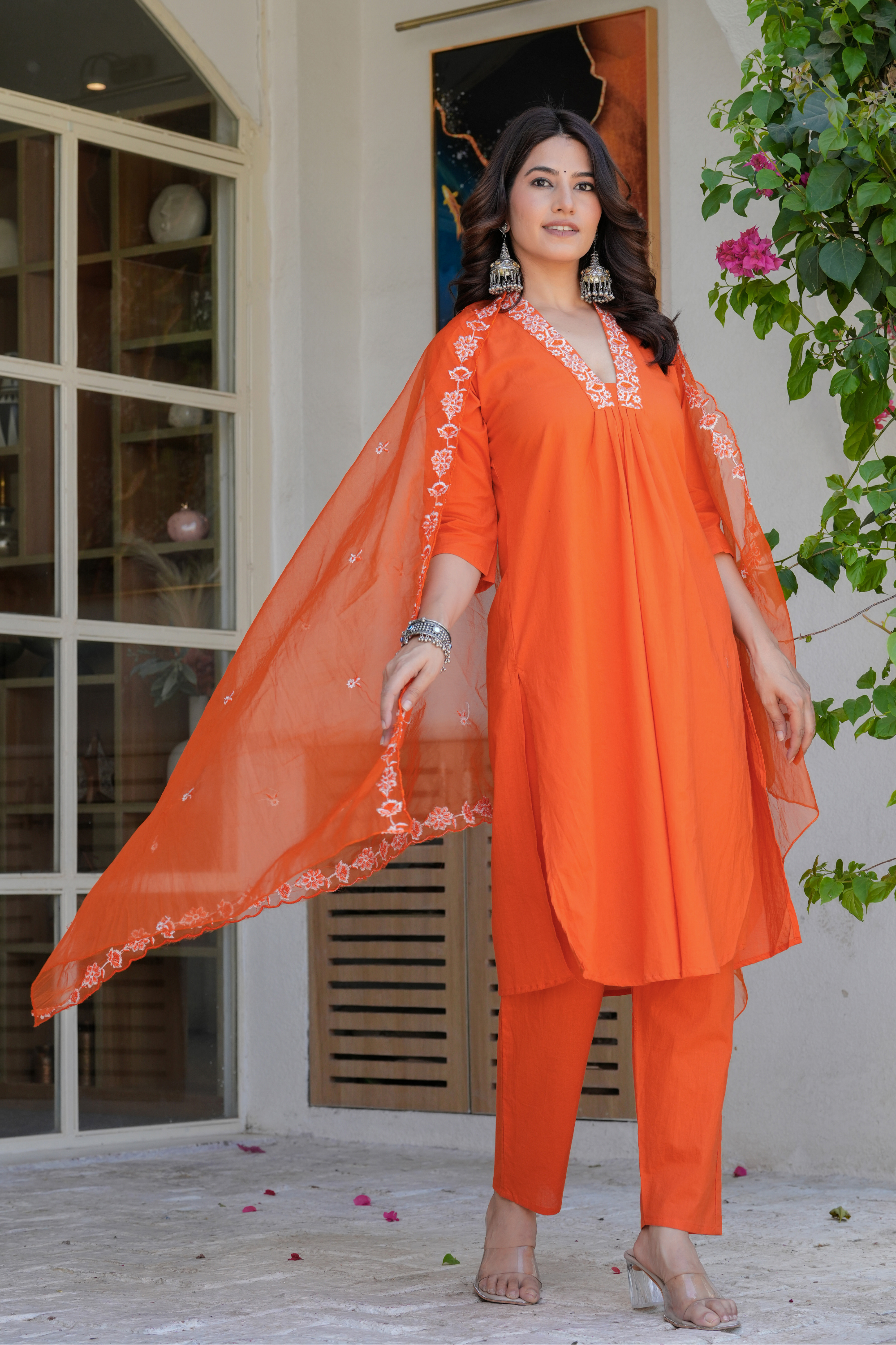 Orange Neck Embroidered Kurta Set - Fasshion Hub india