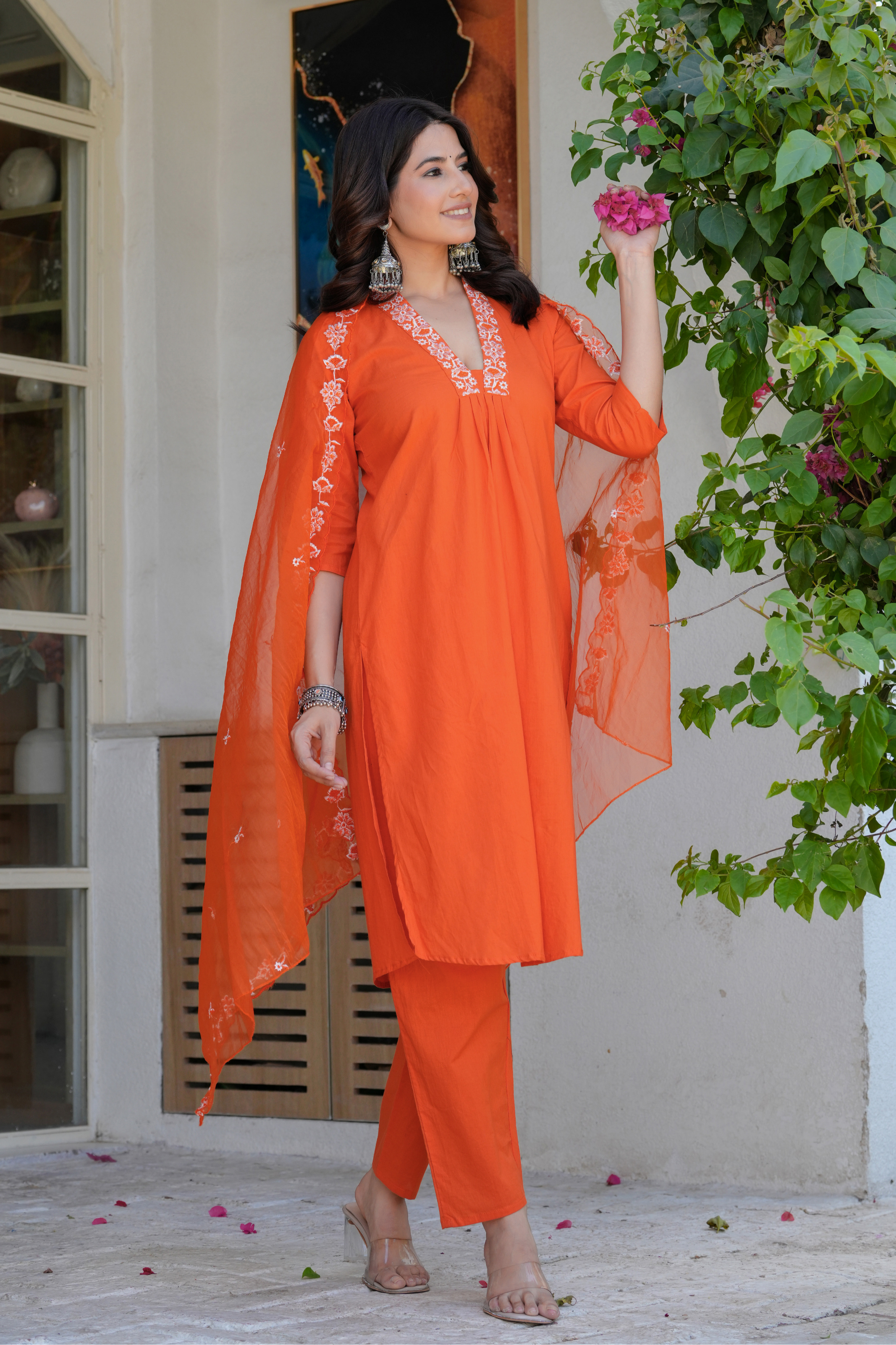 Orange Neck Embroidered Kurta Set - Fasshion Hub india