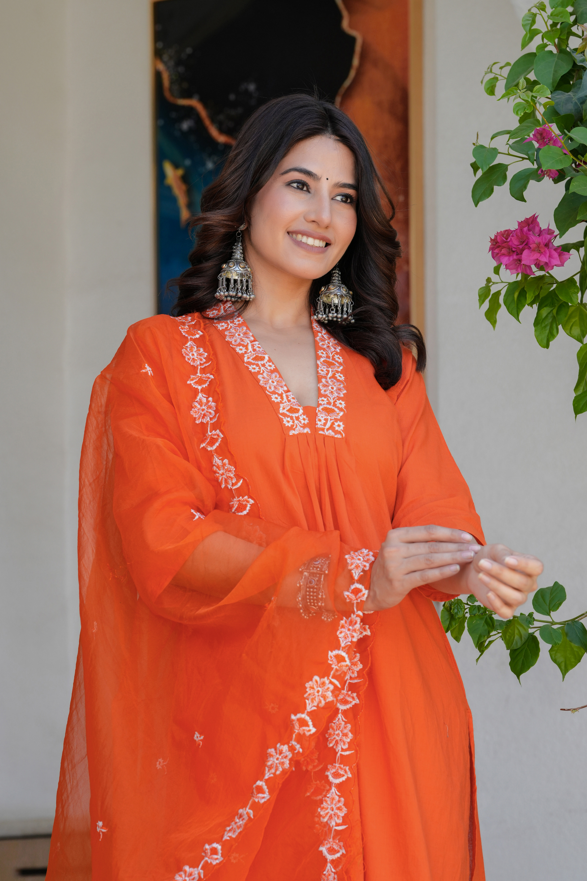 Orange Neck Embroidered Kurta Set - Fasshion Hub india