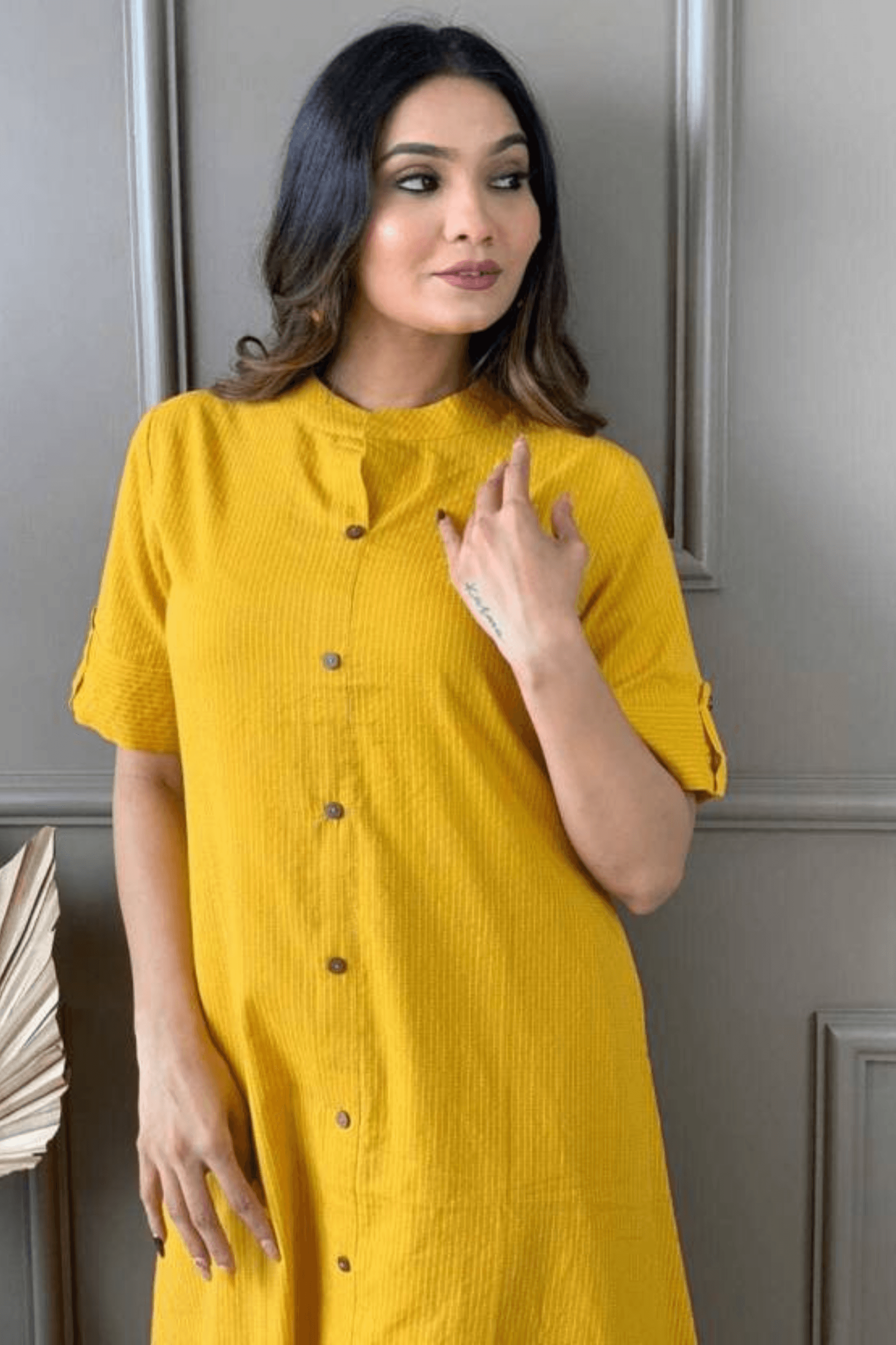 Yellow Cotton Katha Kurta And Palazzo - Fasshion Hub india