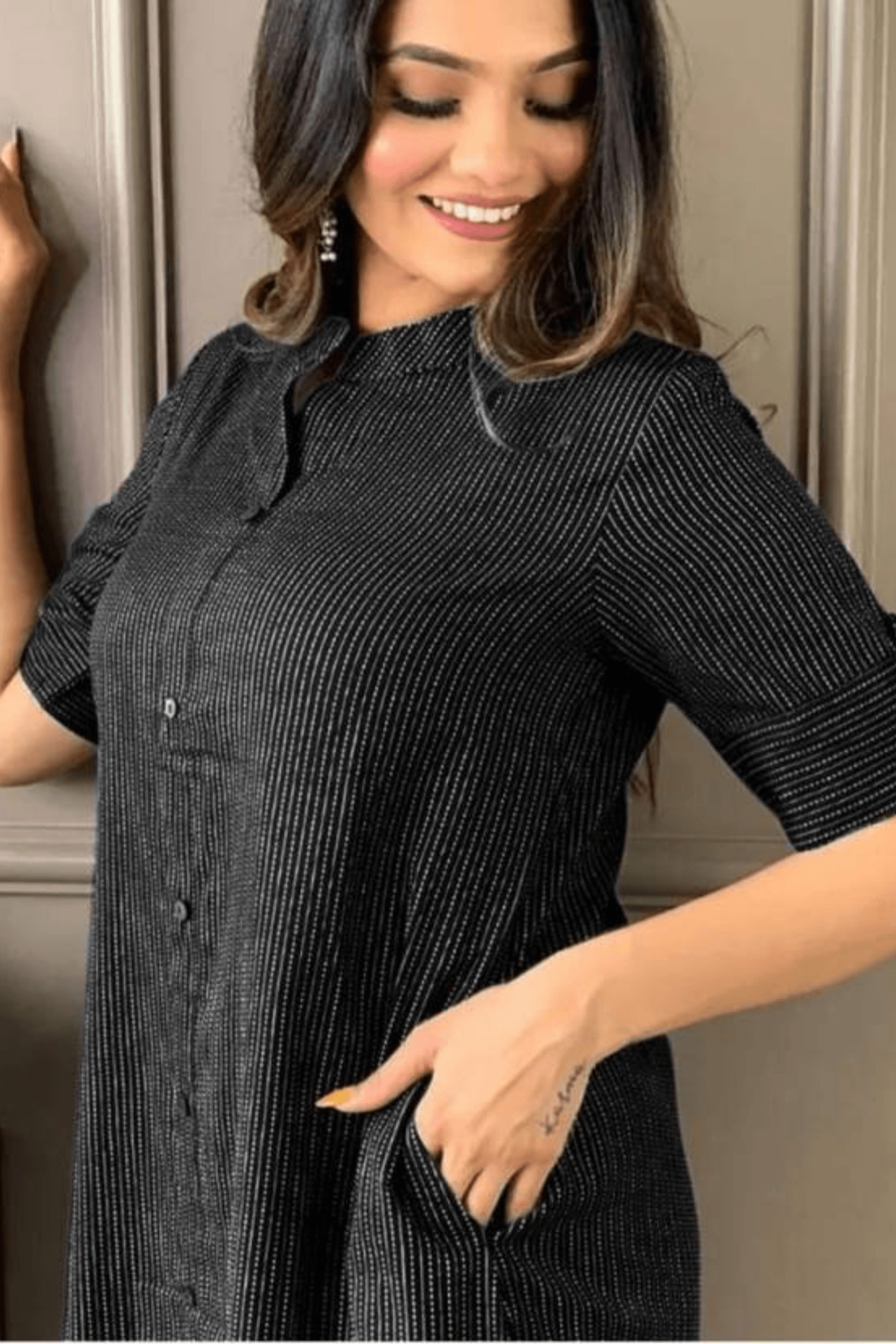 Black Cotton Katha Kurta With Palazzo - Fasshion Hub india