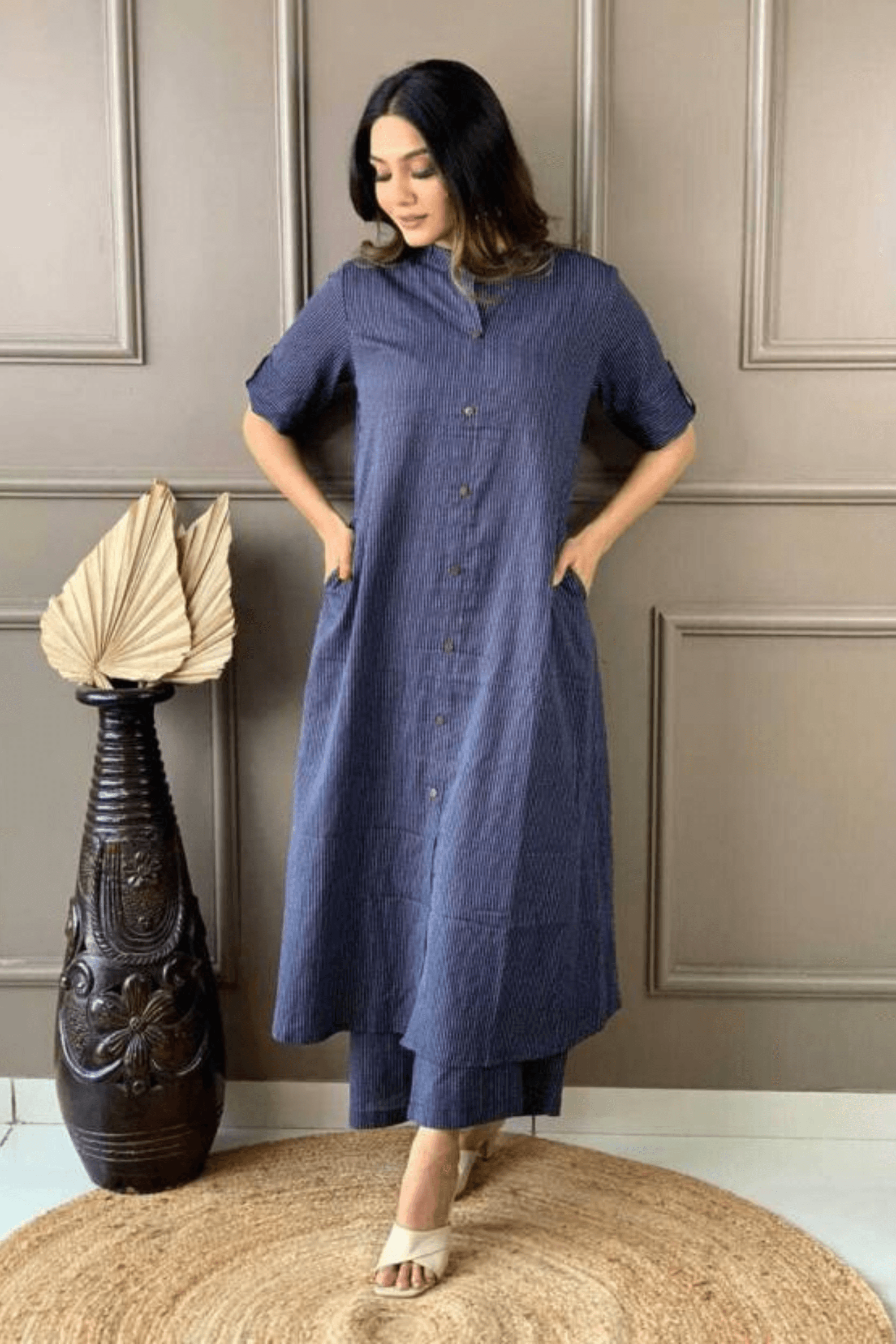 Blue Cotton Katha Kurta With Palazzo - Fasshion Hub india