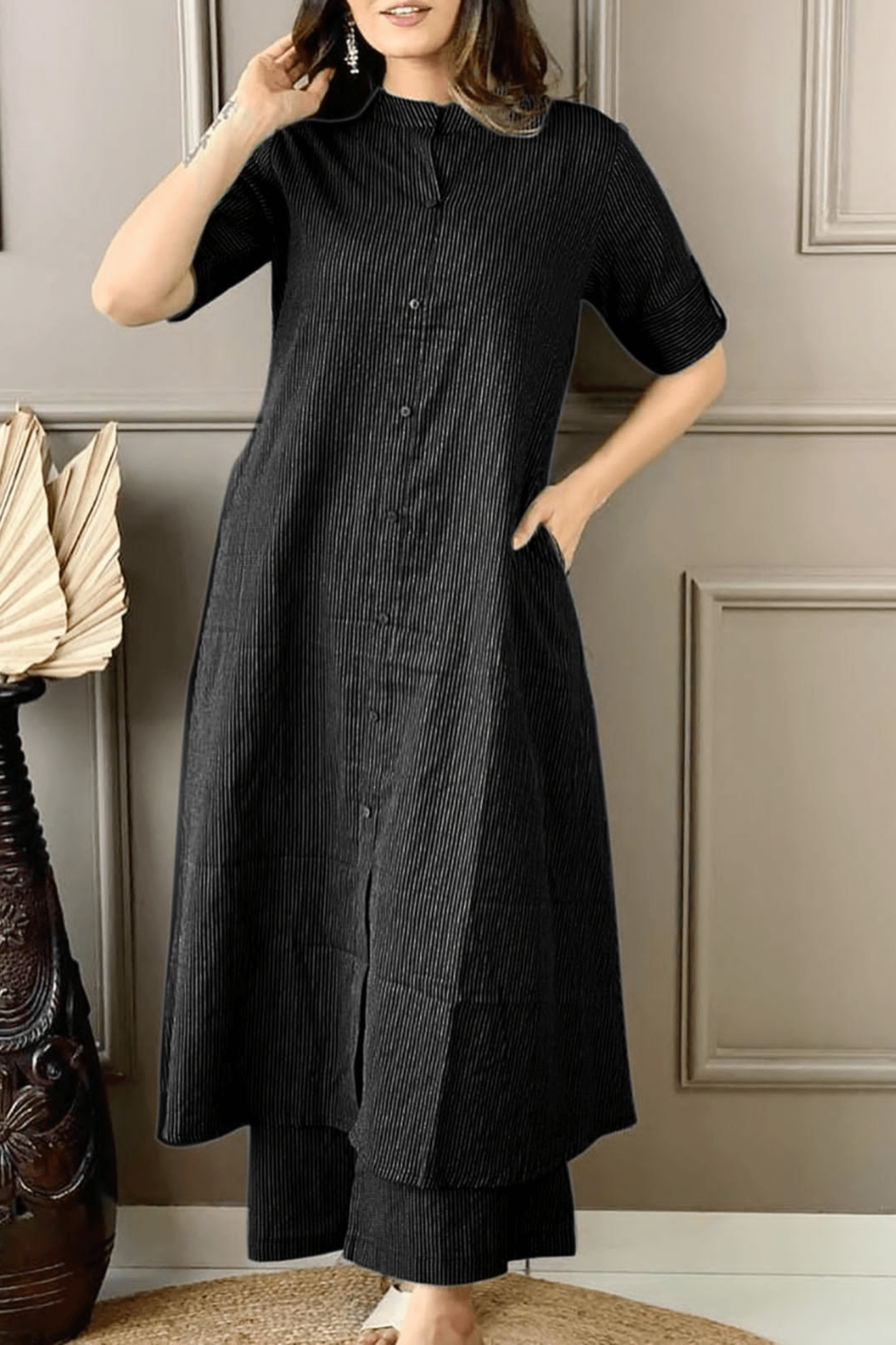 Black Cotton Katha Kurta With Palazzo - Fasshion Hub india