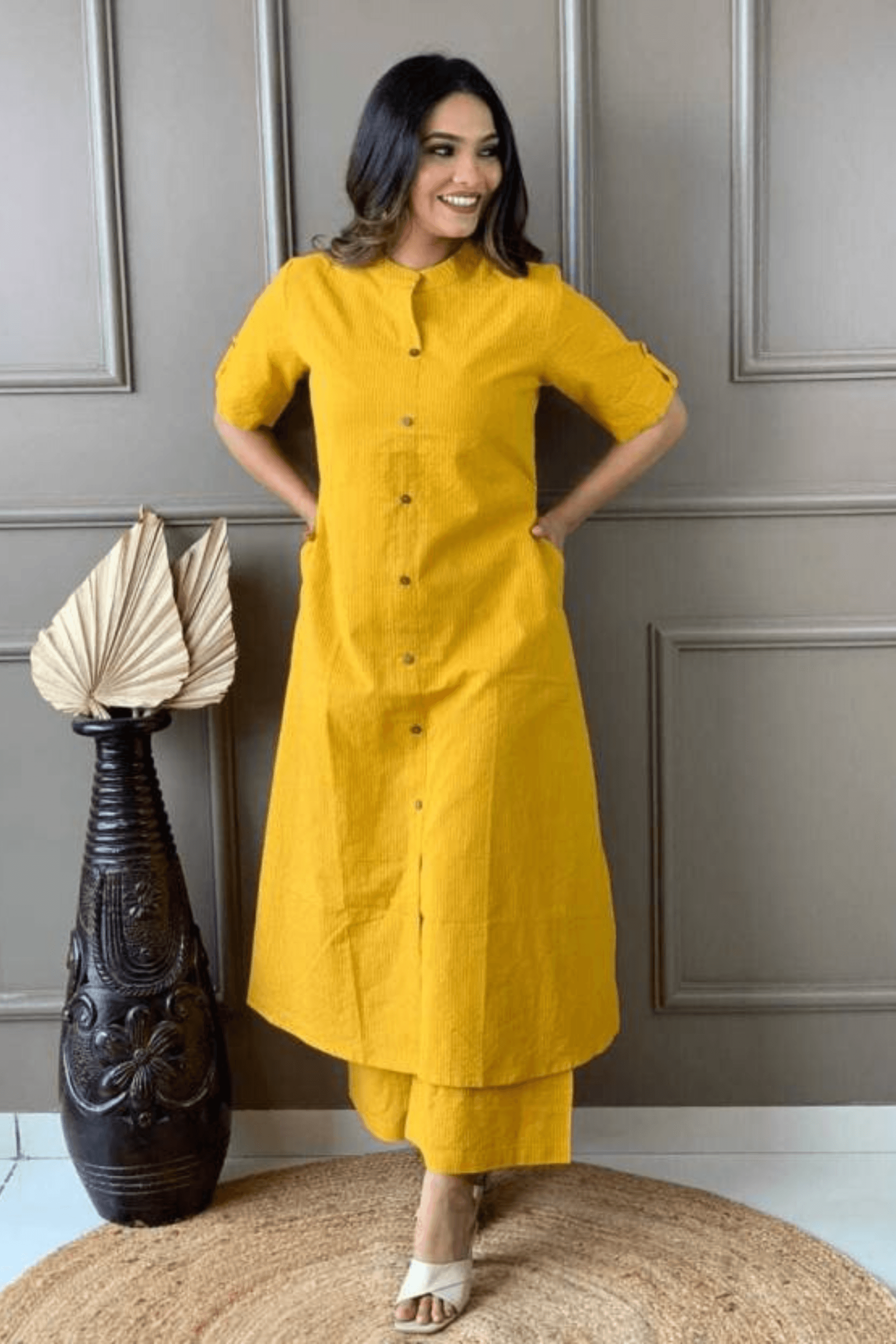 Yellow Cotton Katha Kurta And Palazzo - Fasshion Hub india